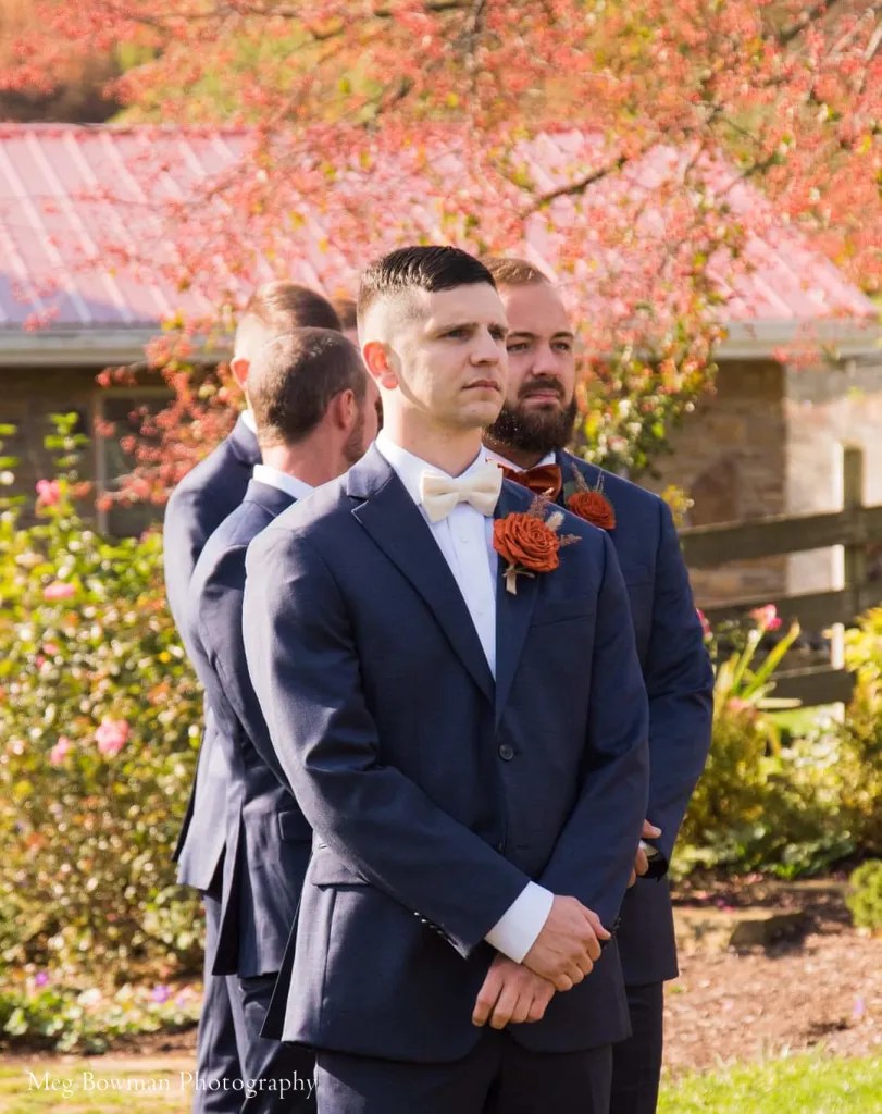 Meg Bowman Photography - Groom waiting to walk in; Orchard ceremony at White Pine Grove