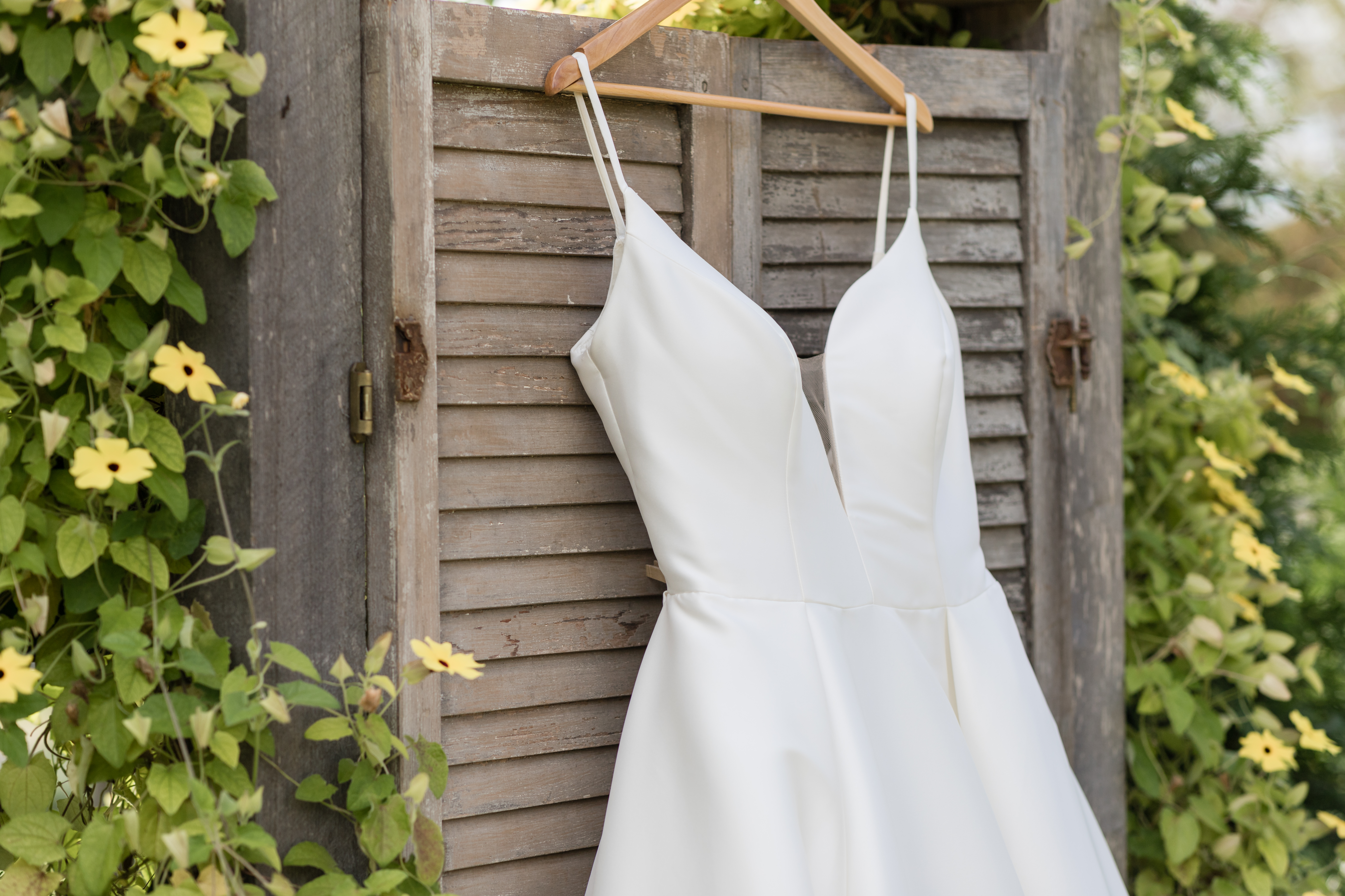 Mohican Media - Wedding Dress on Shutters in Orchard at White Pine Grove