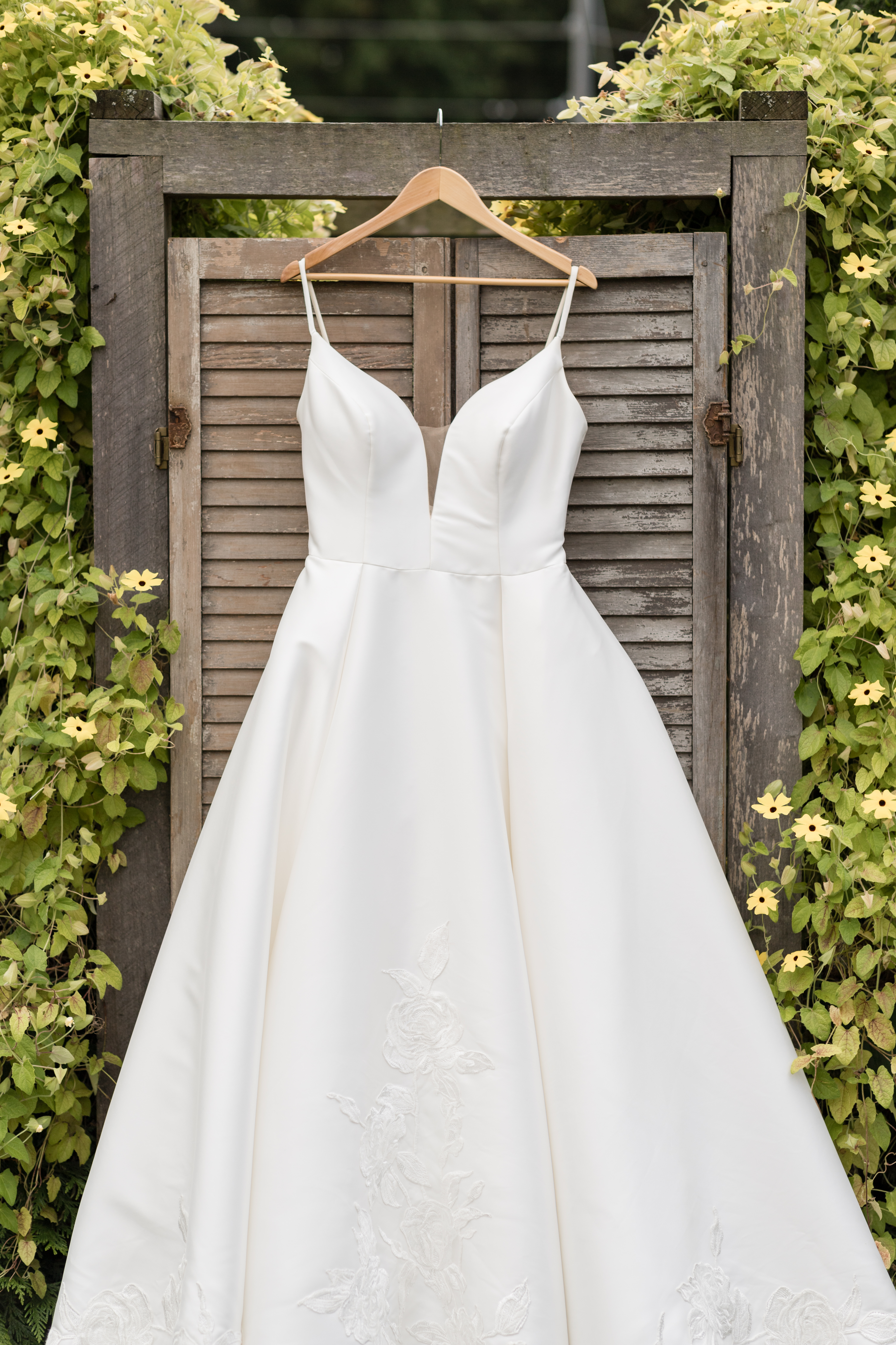 Mohican Media - Wedding Dress on Shutters in Orchard at White Pine Grove